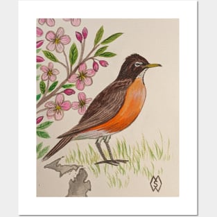 Michigan state bird and flower, the robin and apple blossom Posters and Art